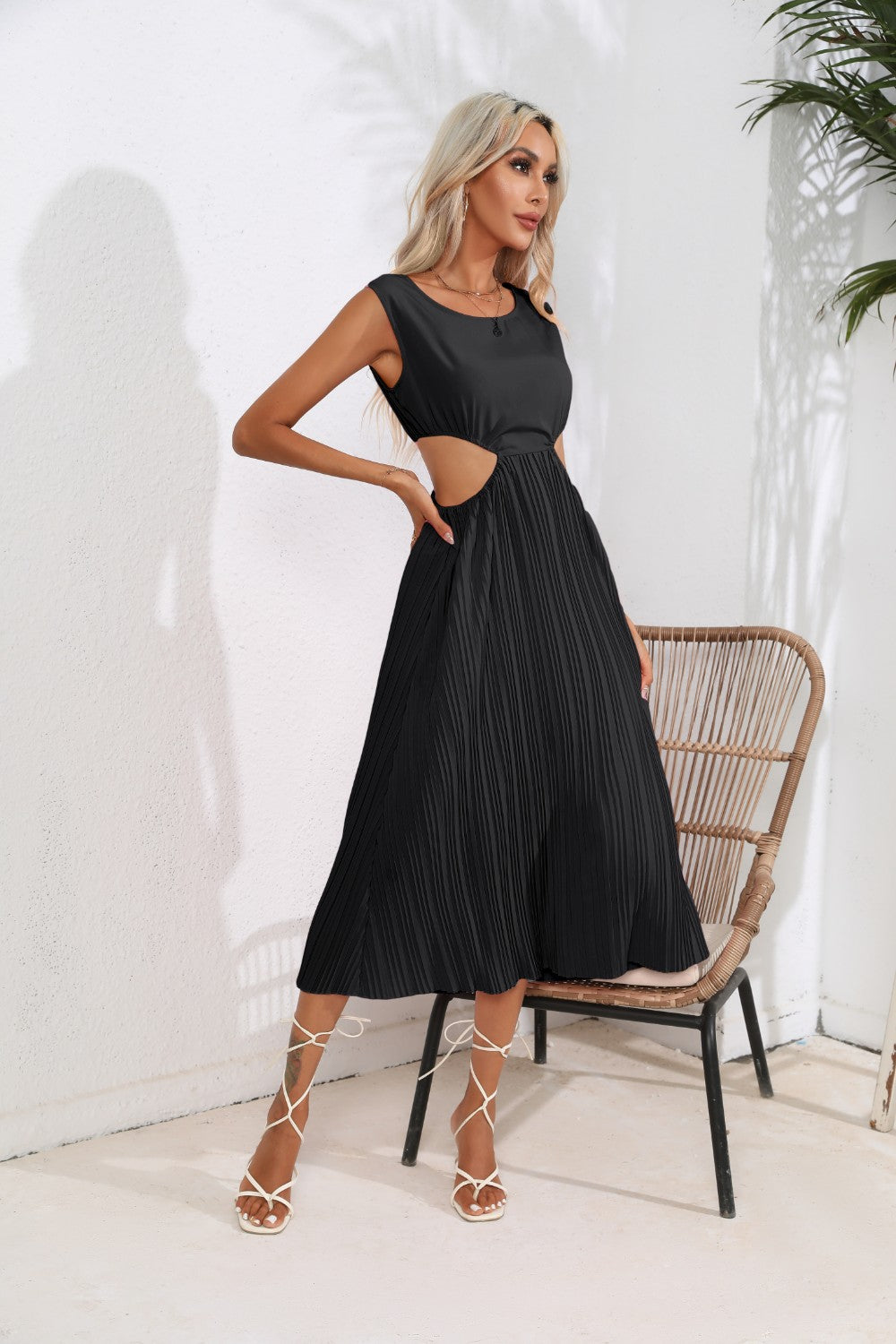 Cutout Ruched Round Neck Tank Dress - Ryzela