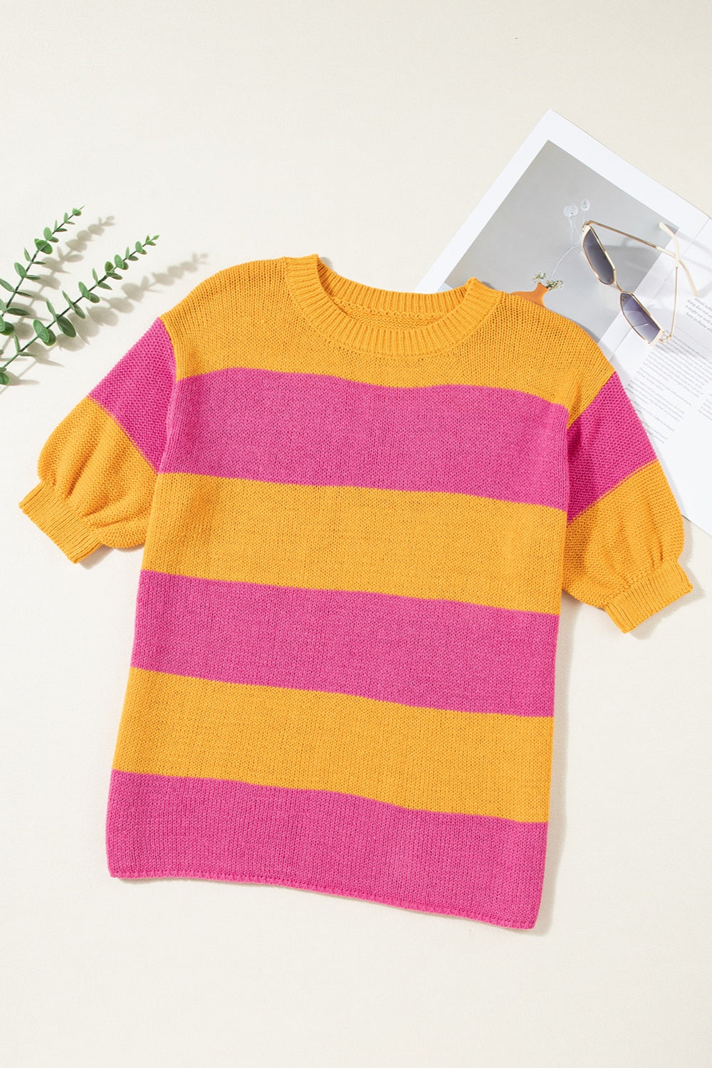 Color Block Round Neck Short Sleeve Knit Top - Ryzela