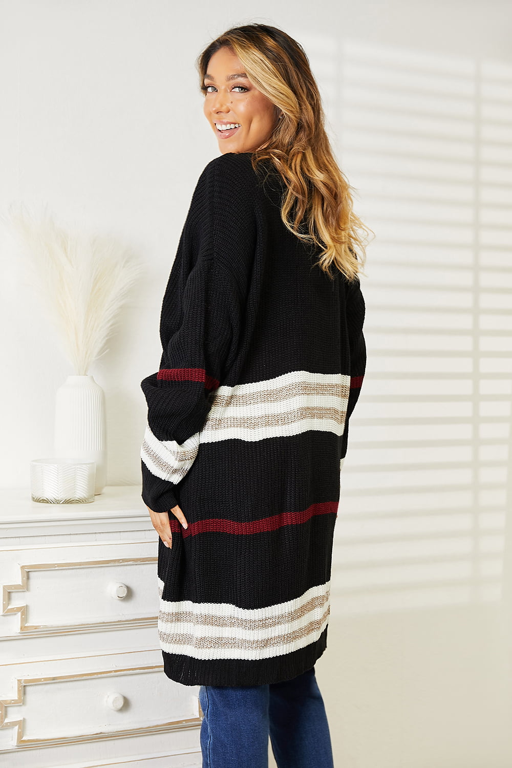 Striped Rib-Knit Drop Shoulder Open Front Cardigan - Ryzela