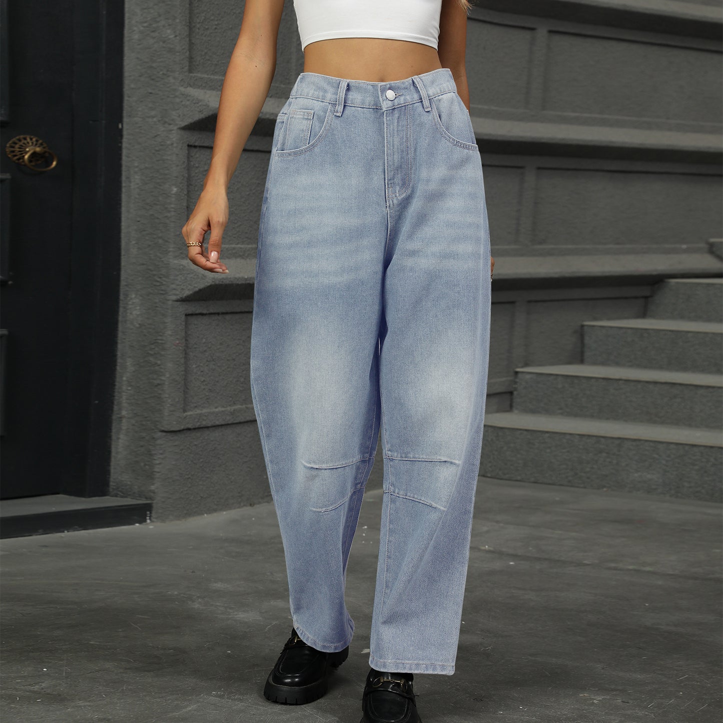 Half Elastic Waist Straight Leg Jeans - Ryzela