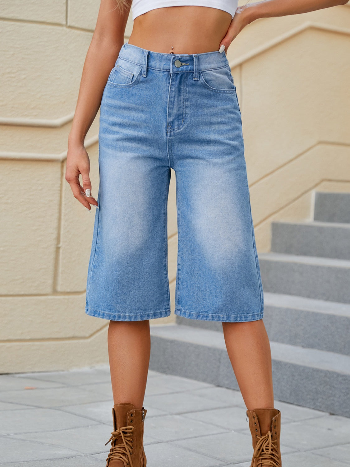 High Waist Denim Shorts with Pockets - Ryzela