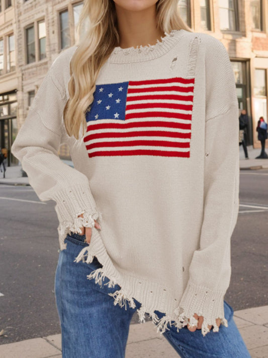 US Flag Distressed Round Neck Long Sleeve Sweater - Ryzela