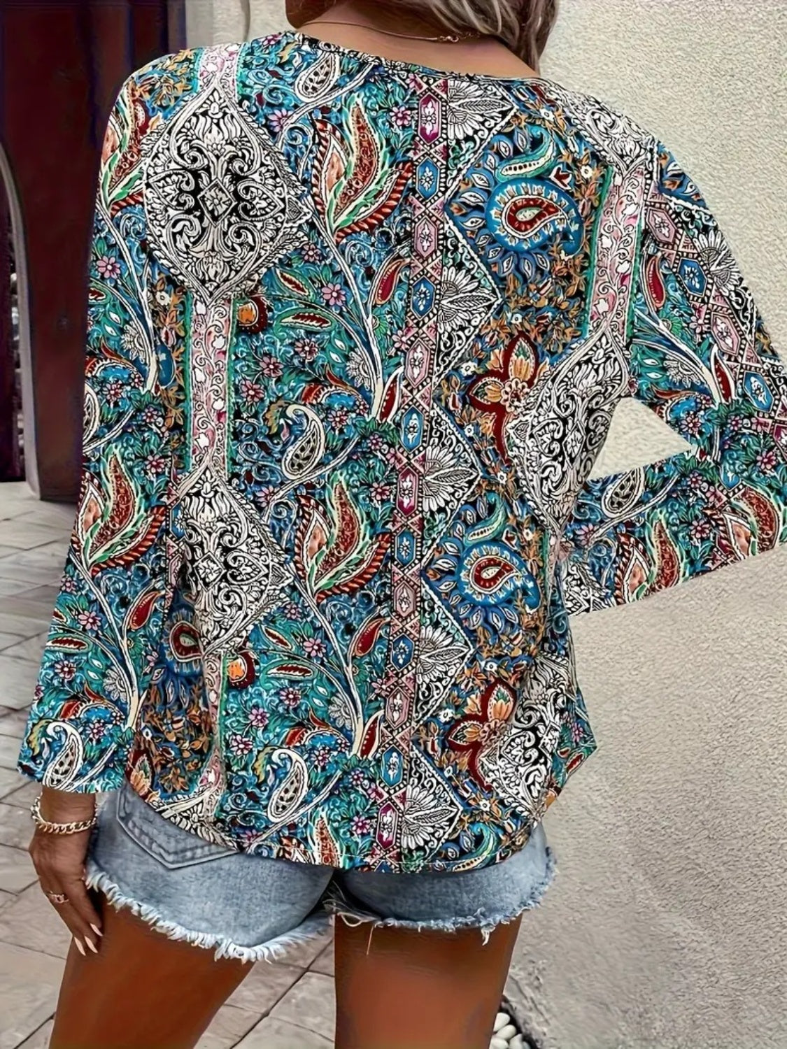 Printed V-Neck Long Sleeve Blouse - Ryzela