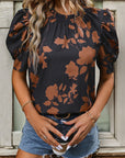 Frill Printed Round Neck Puff Sleeve Blouse - Ryzela
