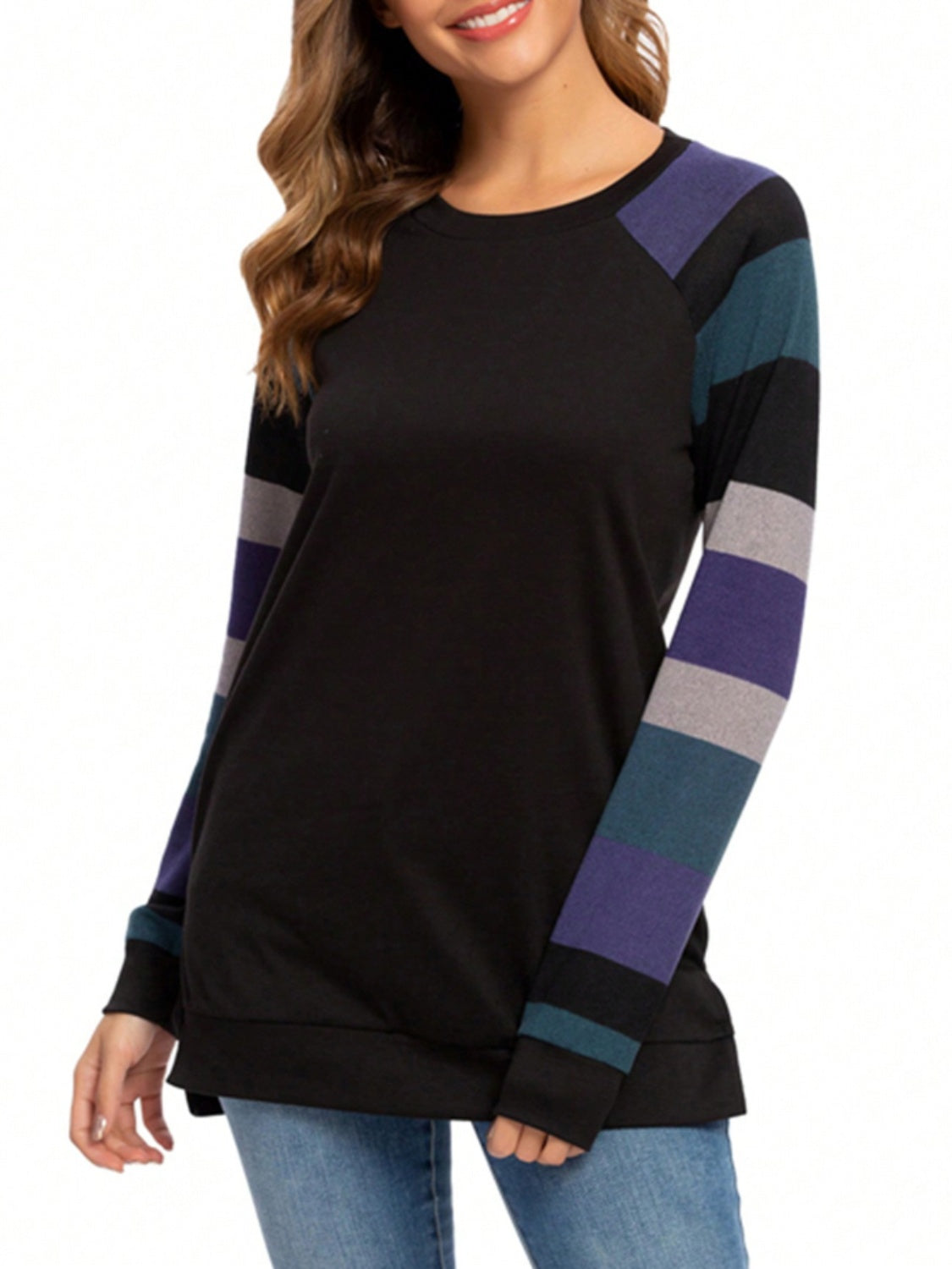 Color Block Round Neck Long Sleeve T-Shirt - Ryzela