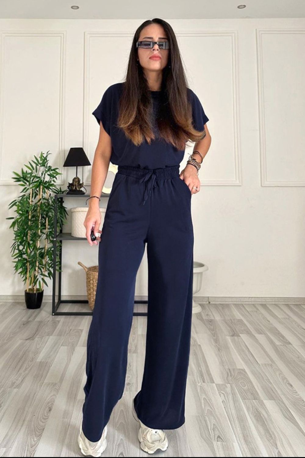 Round Neck Short Sleeve Top and Drawstring Pants Set - Ryzela