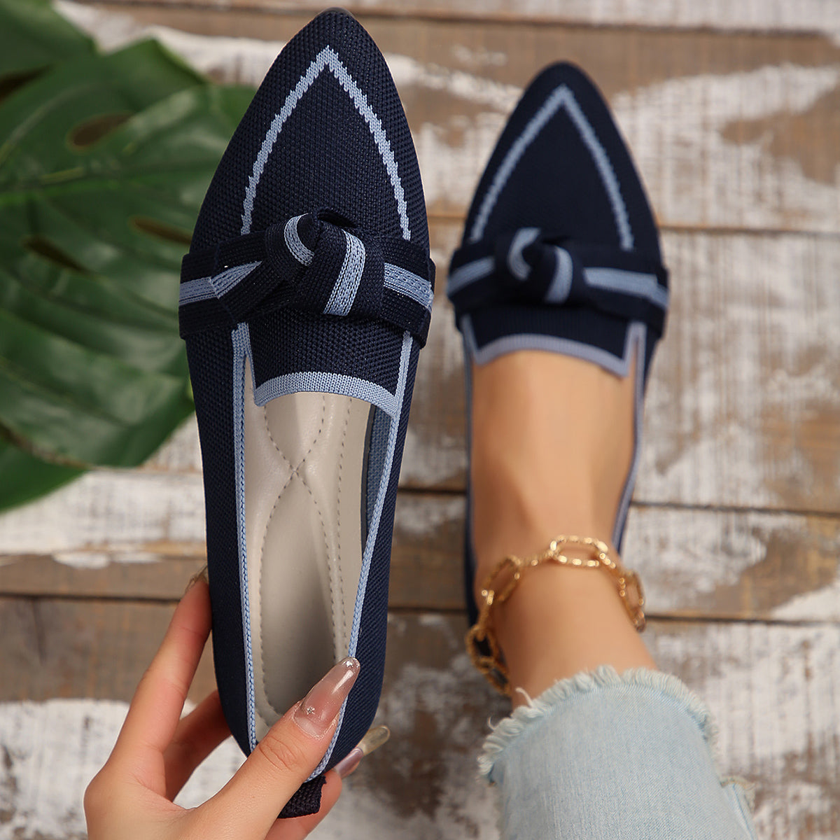 Bow Contrast Trim Point Toe Loafers - Ryzela