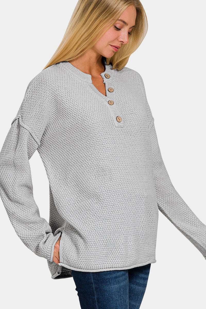 Zenana Button Closure Drop Shoulder Sweater - Ryzela
