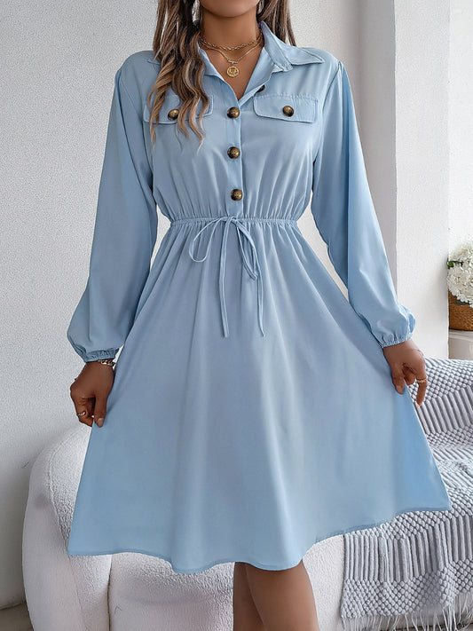 Collared Neck Long Sleeve Dress with Pockets - Ryzela