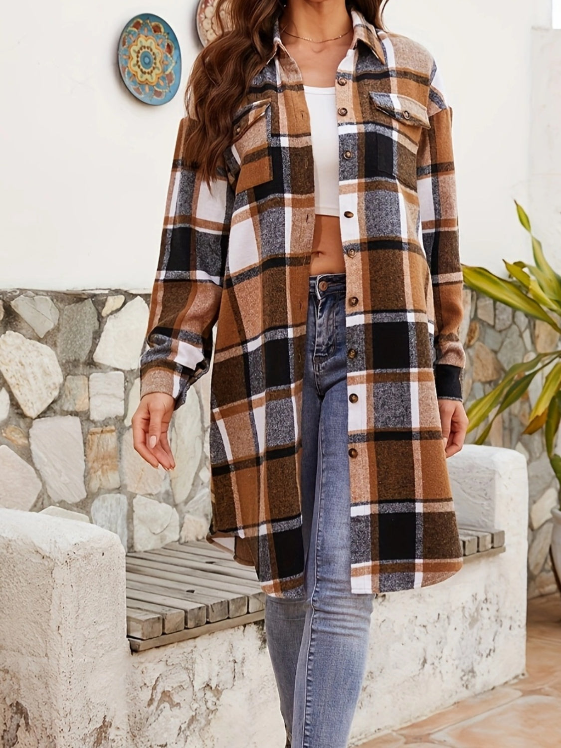 Plaid Collared Neck Long Sleeve Jacket - Ryzela