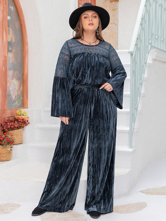 Plus Size Round Neck Flare Sleeve Top and Pants Set - Ryzela