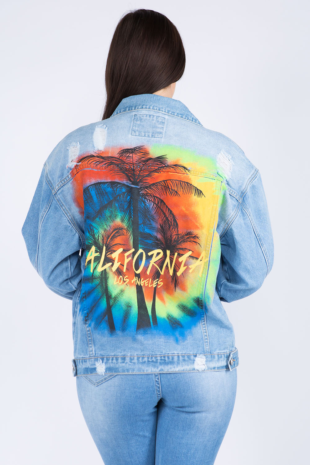 American Bazi Full Size Painted Back Distressed Denim Jacket - Ryzela