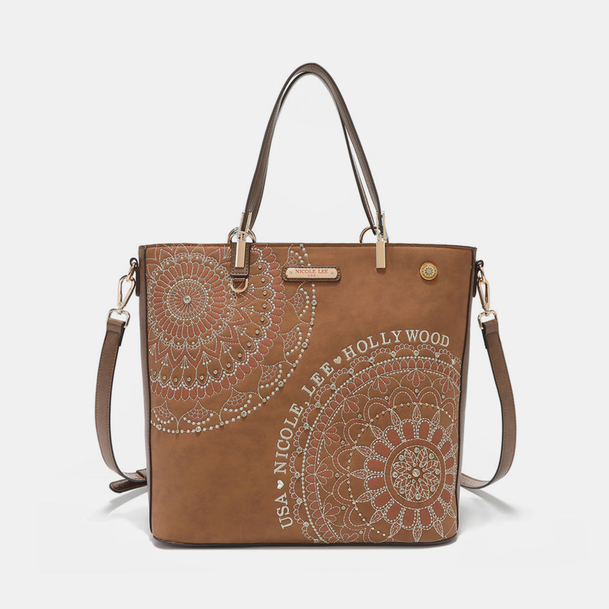 Nicole Lee USA Metallic Stitching Embroidery Inlaid Rhinestone Tote Bag - Ryzela