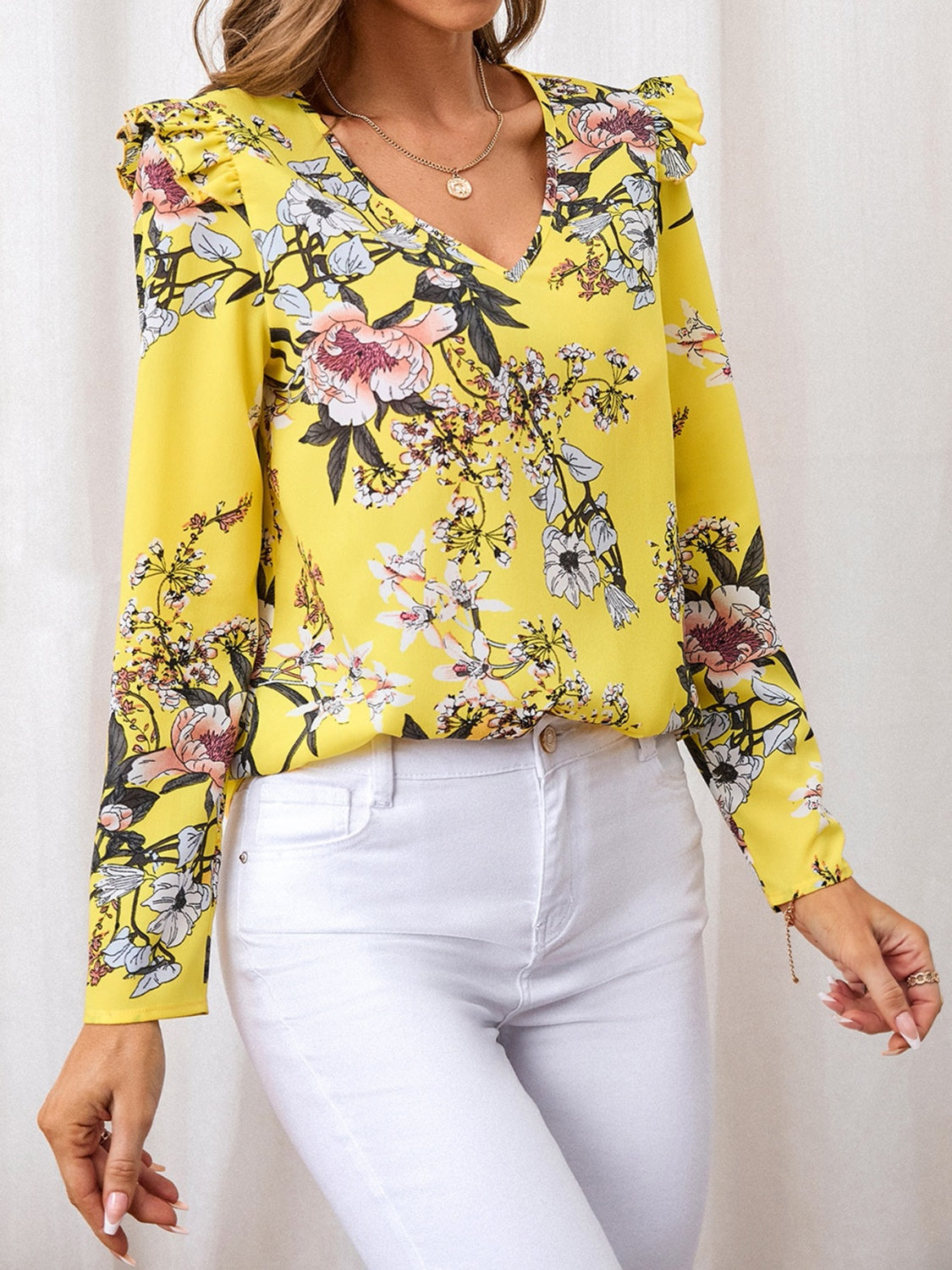 Ruffled Printed V-Neck Long Sleeve Blouse - Ryzela