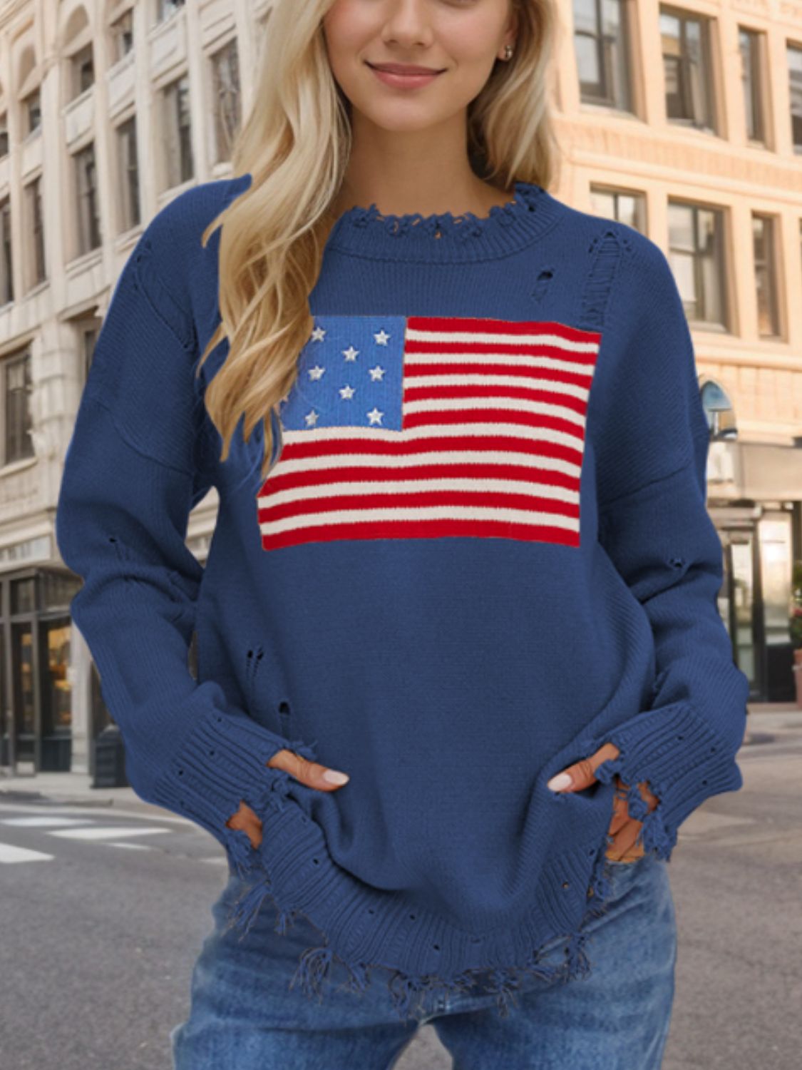 US Flag Distressed Round Neck Long Sleeve Sweater - Ryzela