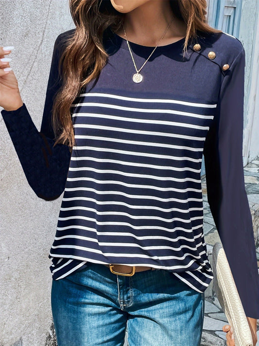 Decorative Button Striped Round Neck Long Sleeve T-Shirt - Ryzela