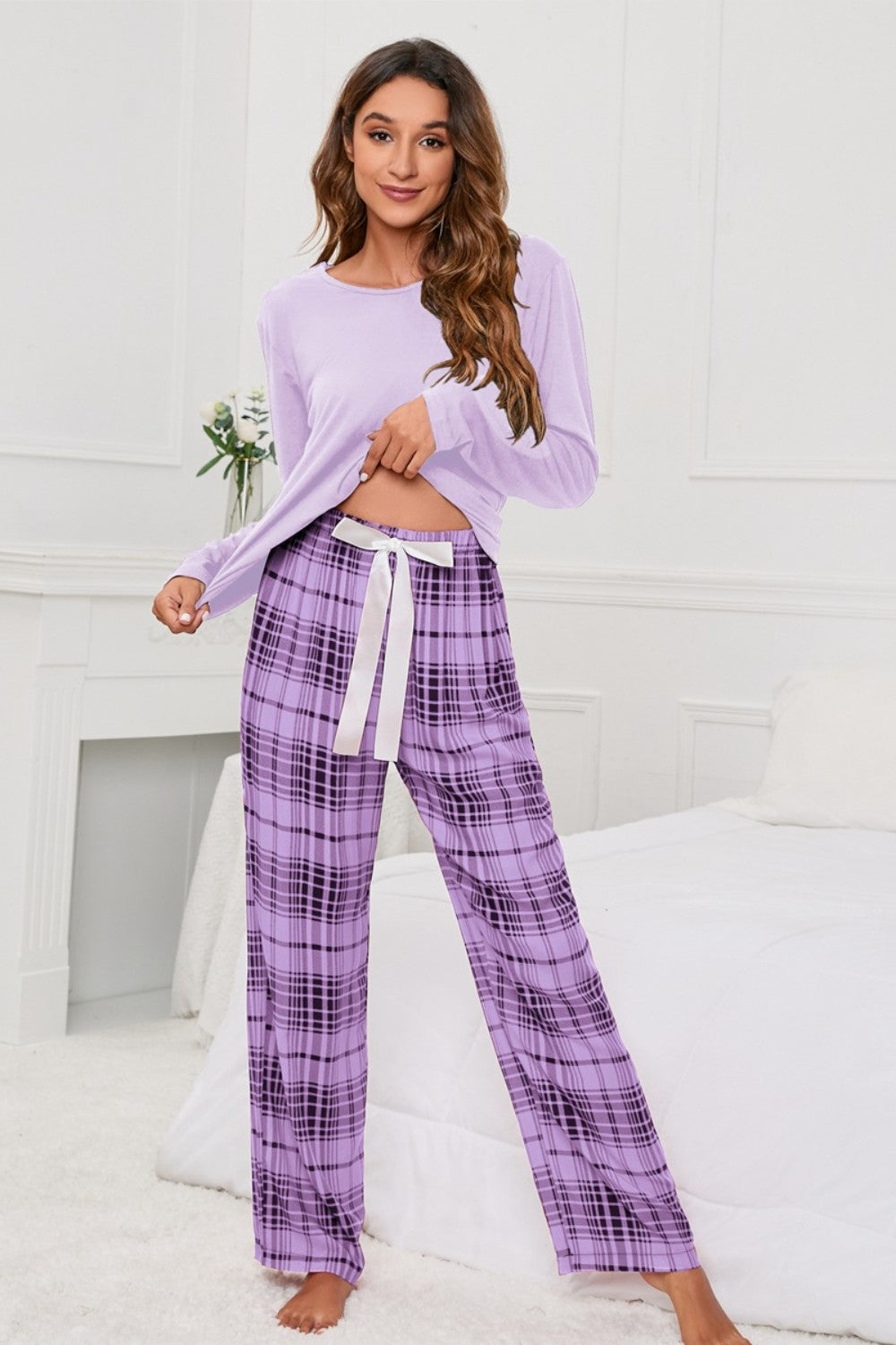 Round Neck Long Sleeve Top and Bow Plaid Pants Lounge Set - Ryzela