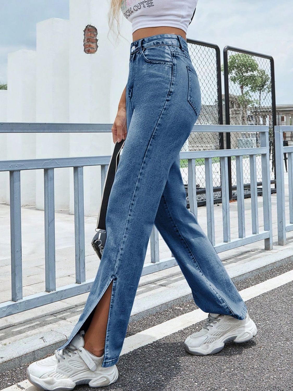 Slit High Waist Jeans with Pockets - Ryzela