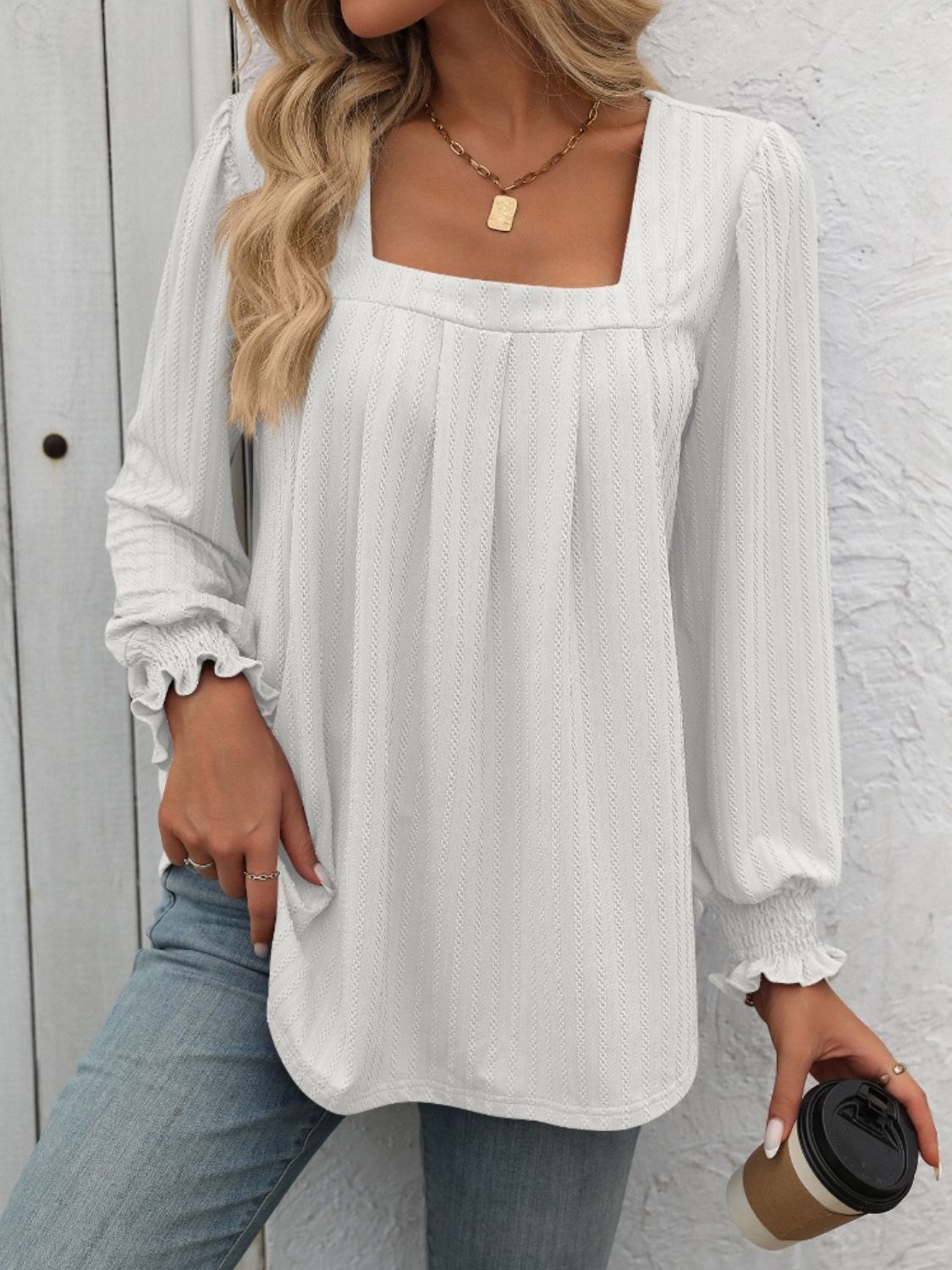 Square Neck Long Sleeve Top - Ryzela