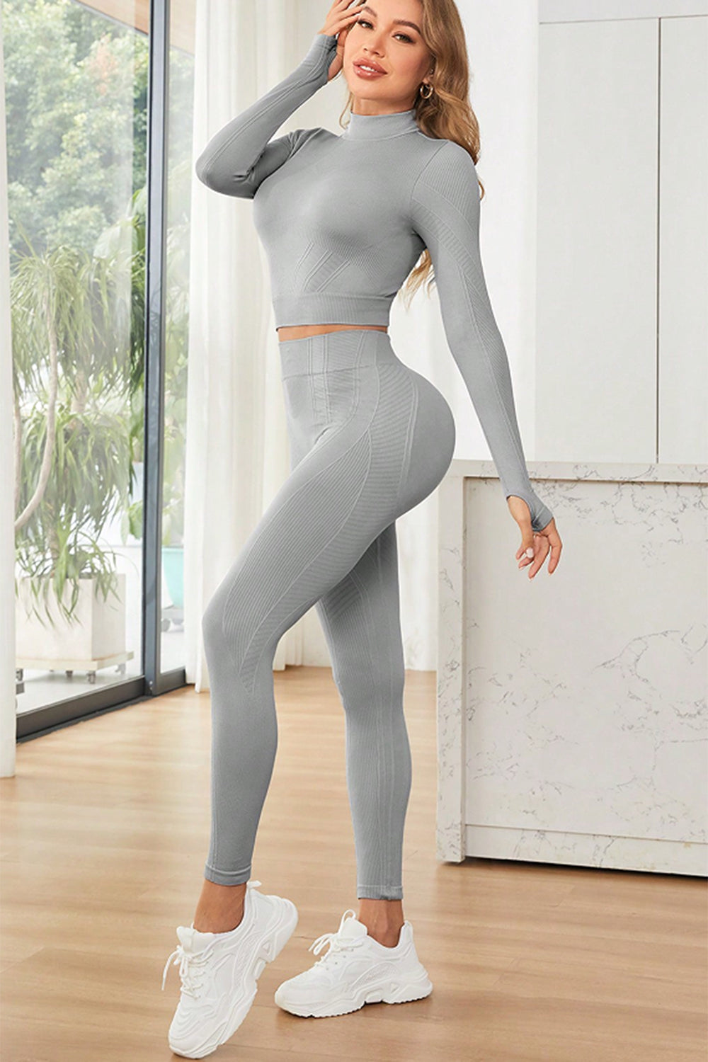 Mock Neck Long Sleeve Top and Leggings Active Set - Ryzela