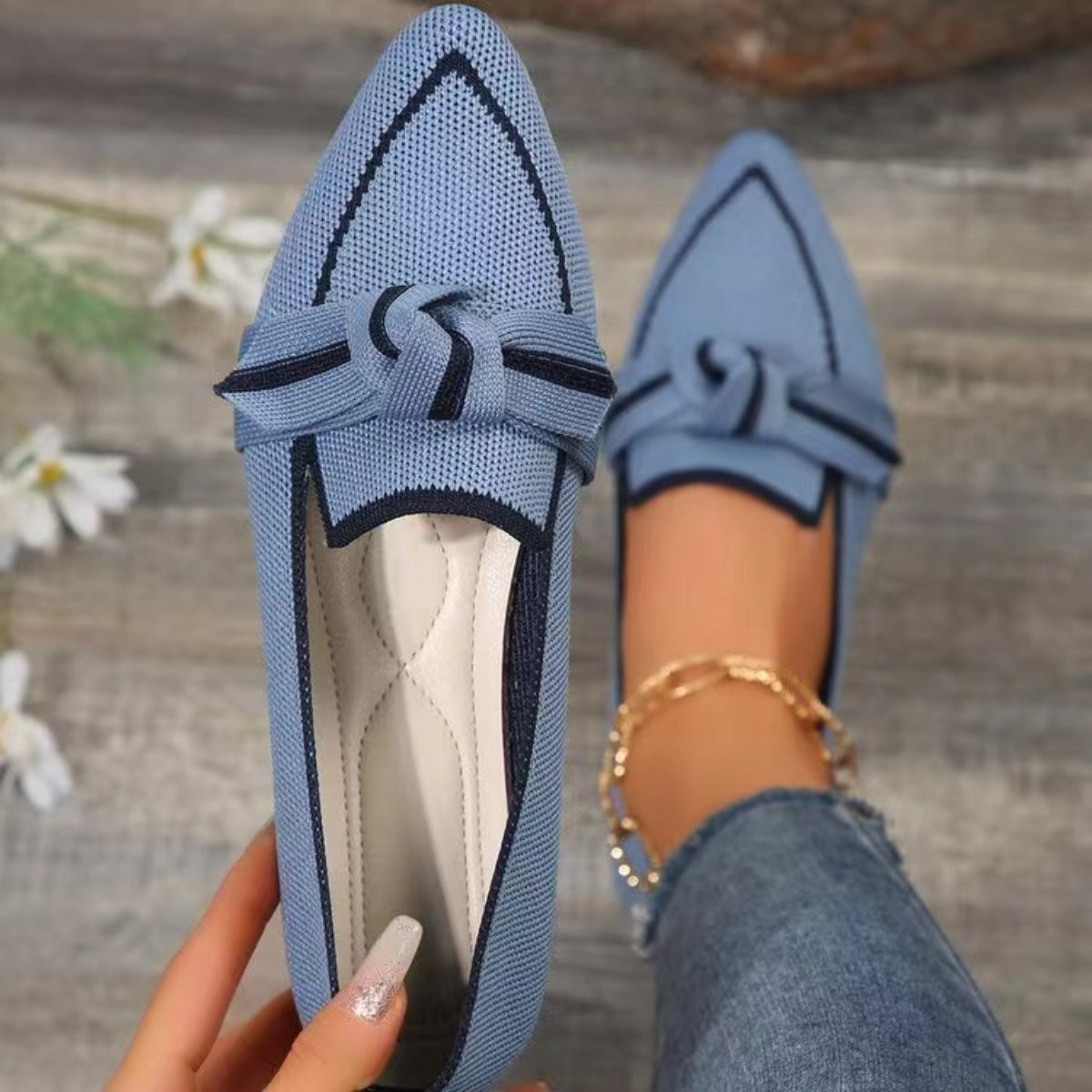 Bow Contrast Trim Point Toe Loafers - Ryzela