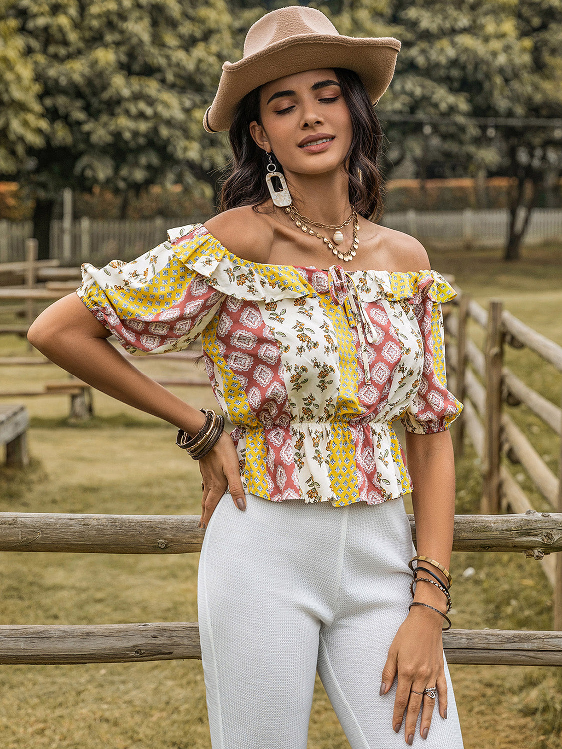 Ruffled Printed Off-Shoulder Short Sleeve Blouse - Ryzela