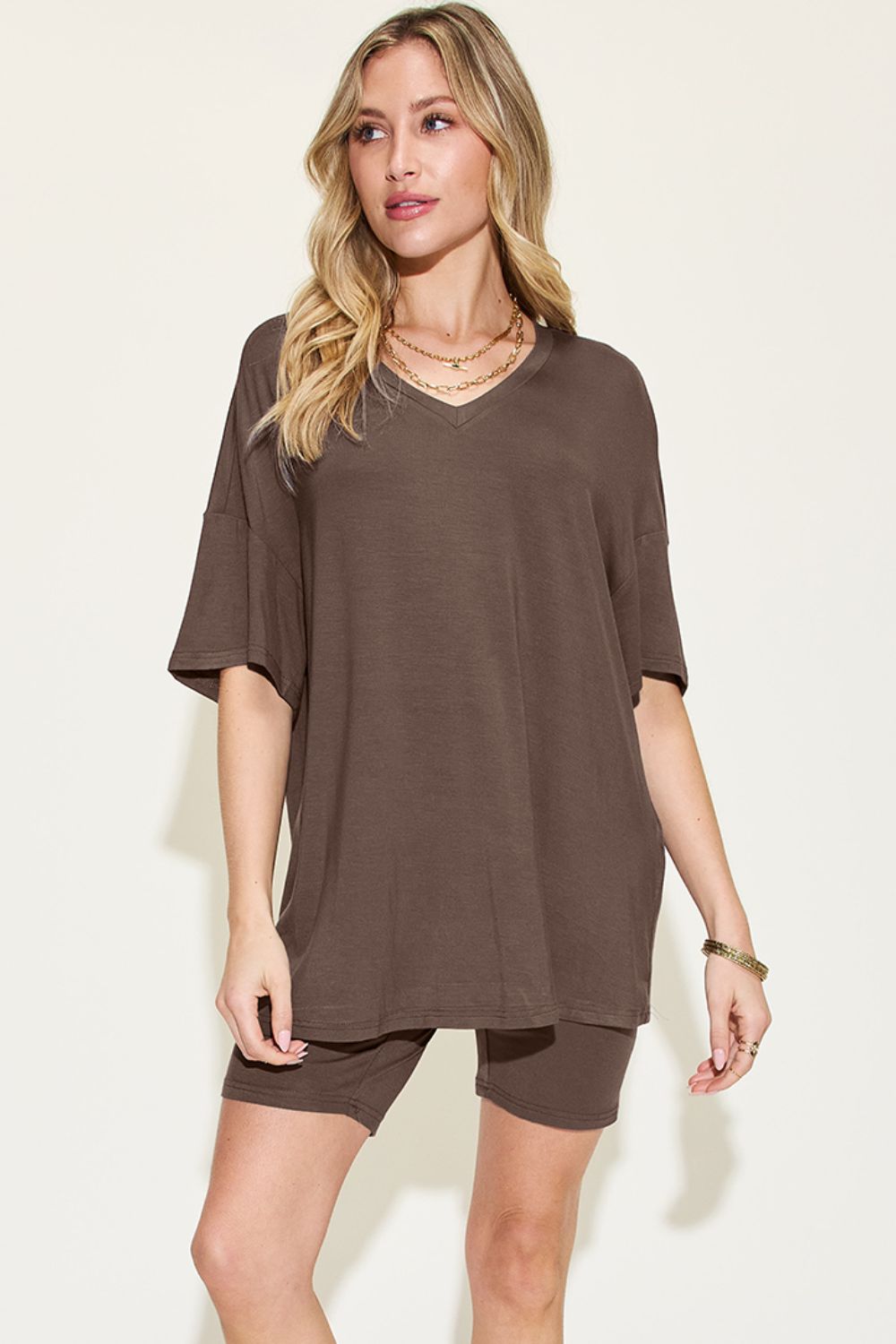 Basic Bae Full Size V-Neck Drop Shoulder T-Shirt and Shorts Set - Ryzela