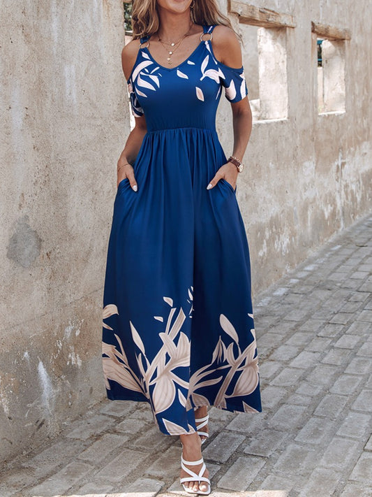 Printed Cold Shoulder Short Sleeve Maxi Dress - Ryzela