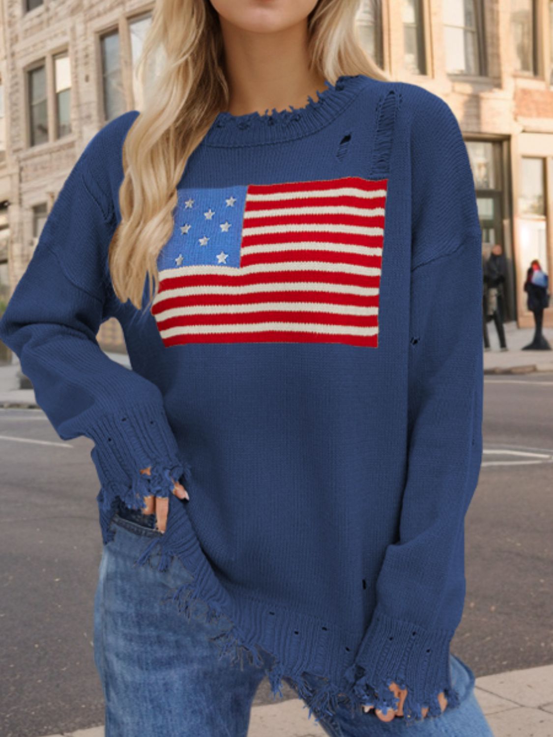 US Flag Distressed Round Neck Long Sleeve Sweater - Ryzela