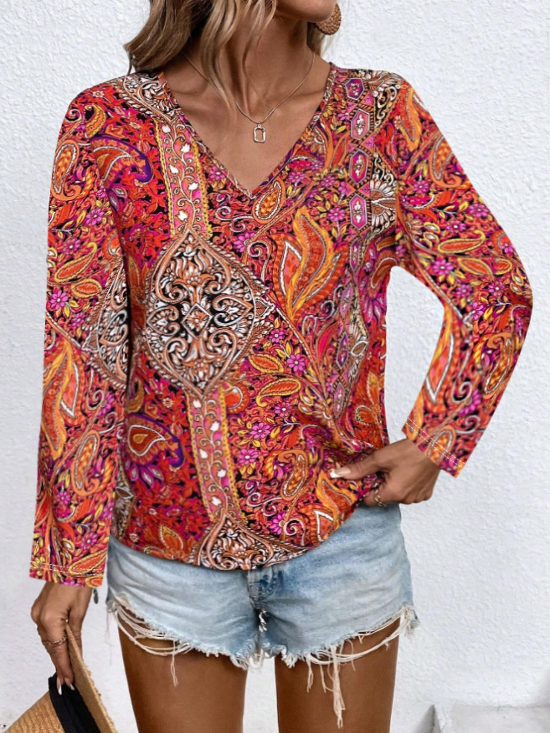 Printed V-Neck Long Sleeve Blouse - Ryzela