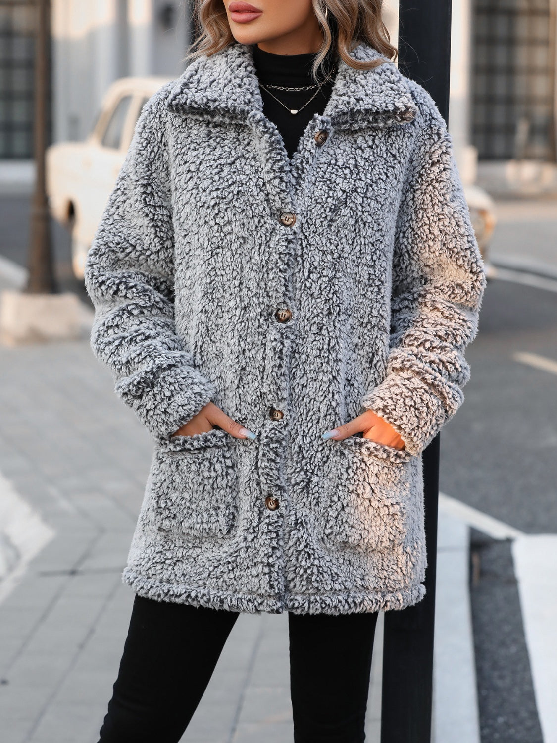 Pocketed Collared Neck Long Sleeve Plush Jacket - Ryzela