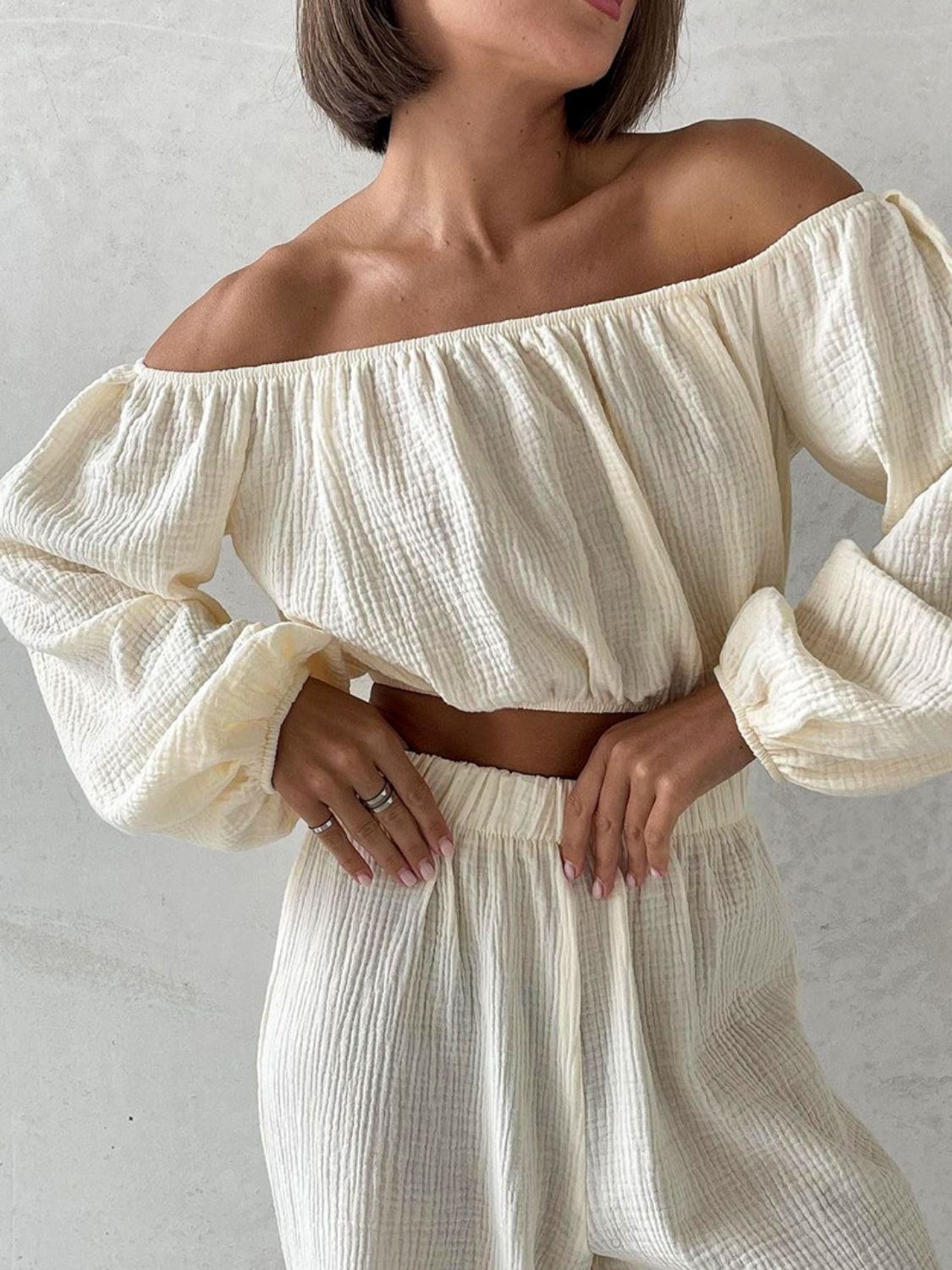 Off Shoulder Long Sleeve Top and Pants Set - Ryzela