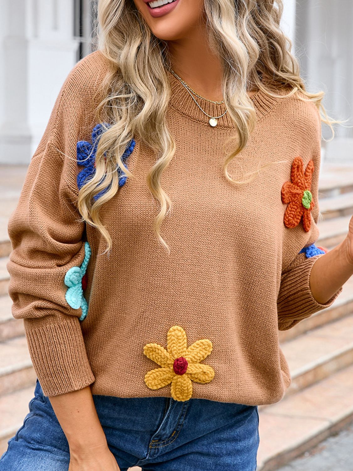 Crochet Flower Round Neck Sweater - Ryzela