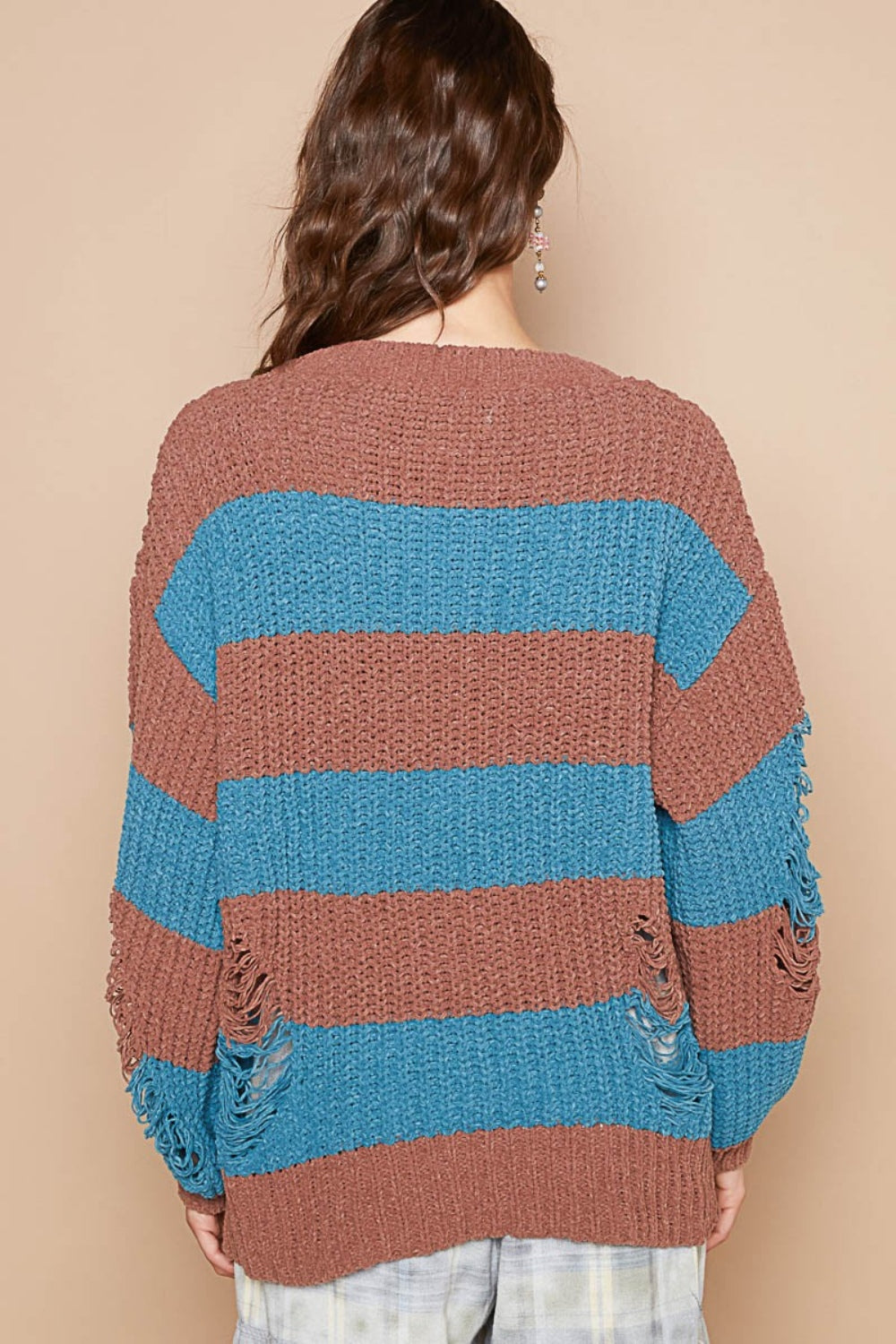 POL Striped Distressed Long Sleeve Sweater - Ryzela