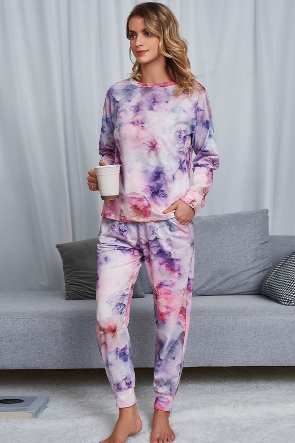 Tie-Dye Crewneck Top and Drawstring Waist Joggers Lounge Set - Ryzela