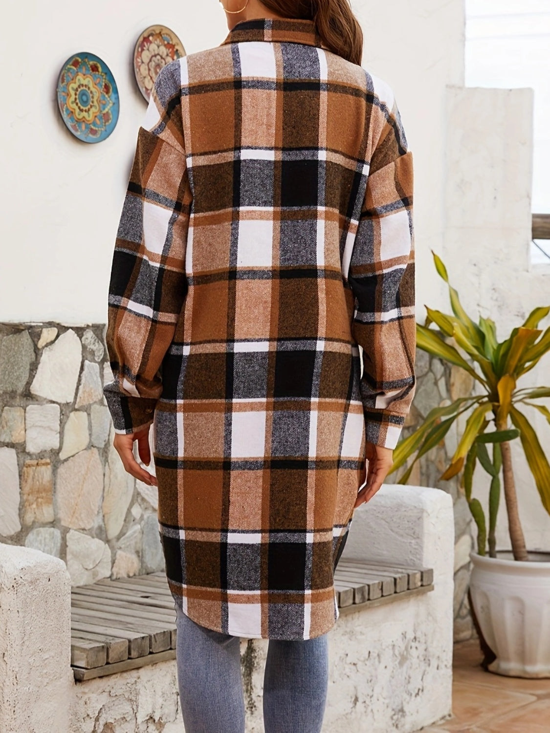 Plaid Collared Neck Long Sleeve Jacket - Ryzela