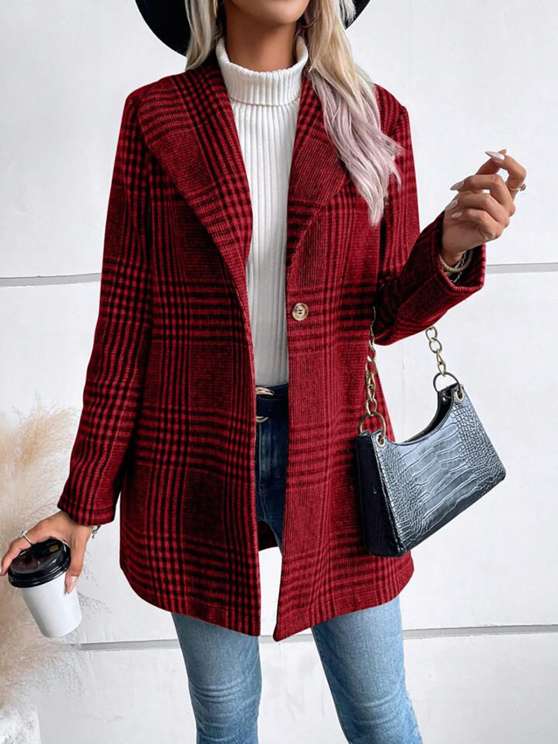 Plaid Collared Neck Long Sleeve Jacket - Ryzela