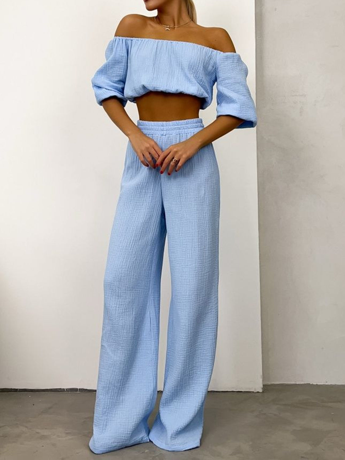 Off Shoulder Long Sleeve Top and Pants Set - Ryzela