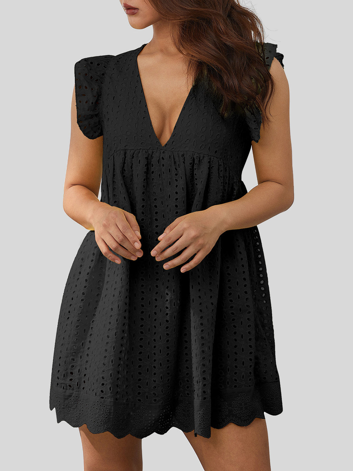 Ruffled Eyelet Cap Sleeve Mini Dress - Ryzela