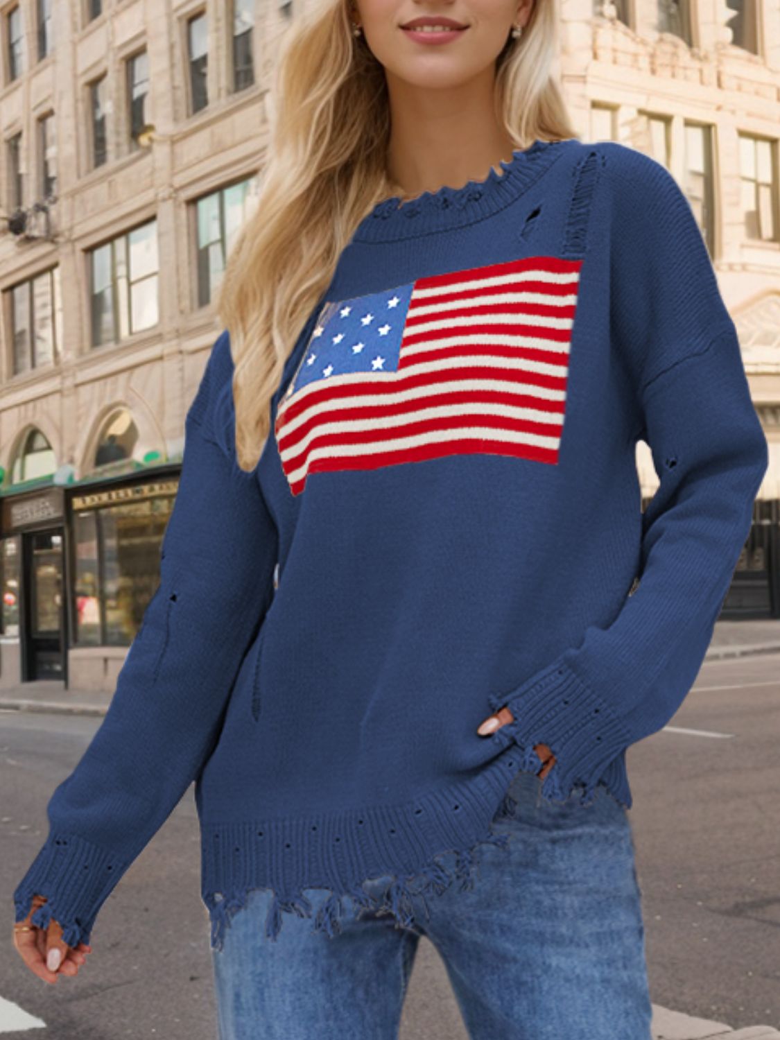 US Flag Distressed Round Neck Long Sleeve Sweater - Ryzela