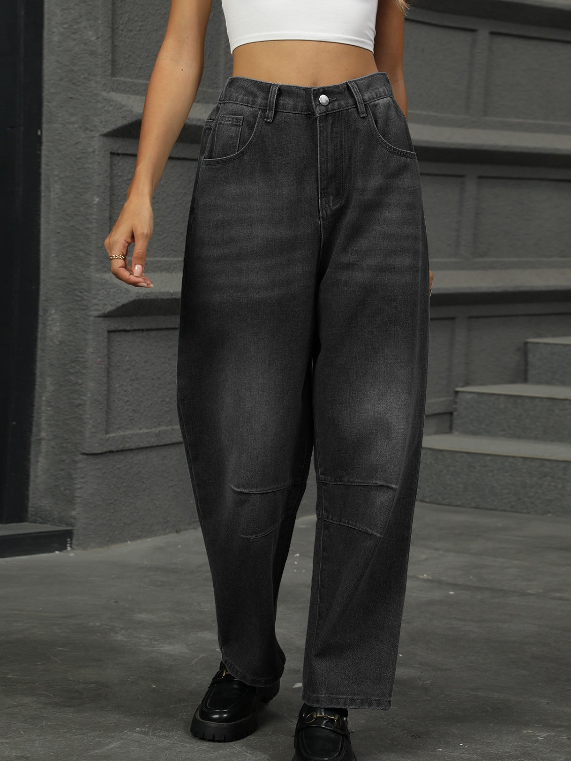 Half Elastic Waist Straight Leg Jeans - Ryzela