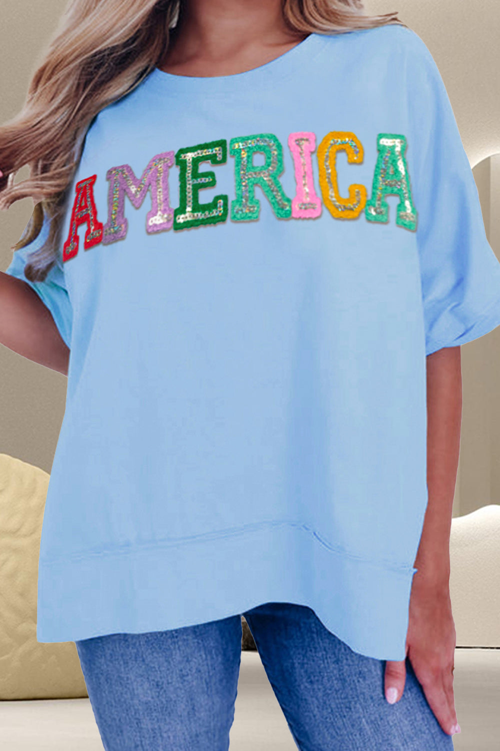 AMERICA Sequin Round Neck Half Sleeve T-Shirt - Ryzela