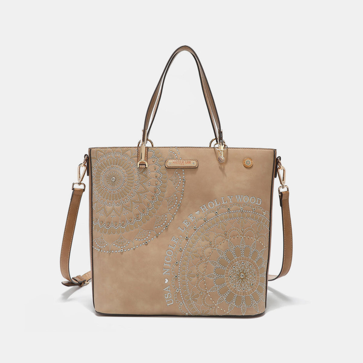 Nicole Lee USA Metallic Stitching Embroidery Inlaid Rhinestone Tote Bag - Ryzela