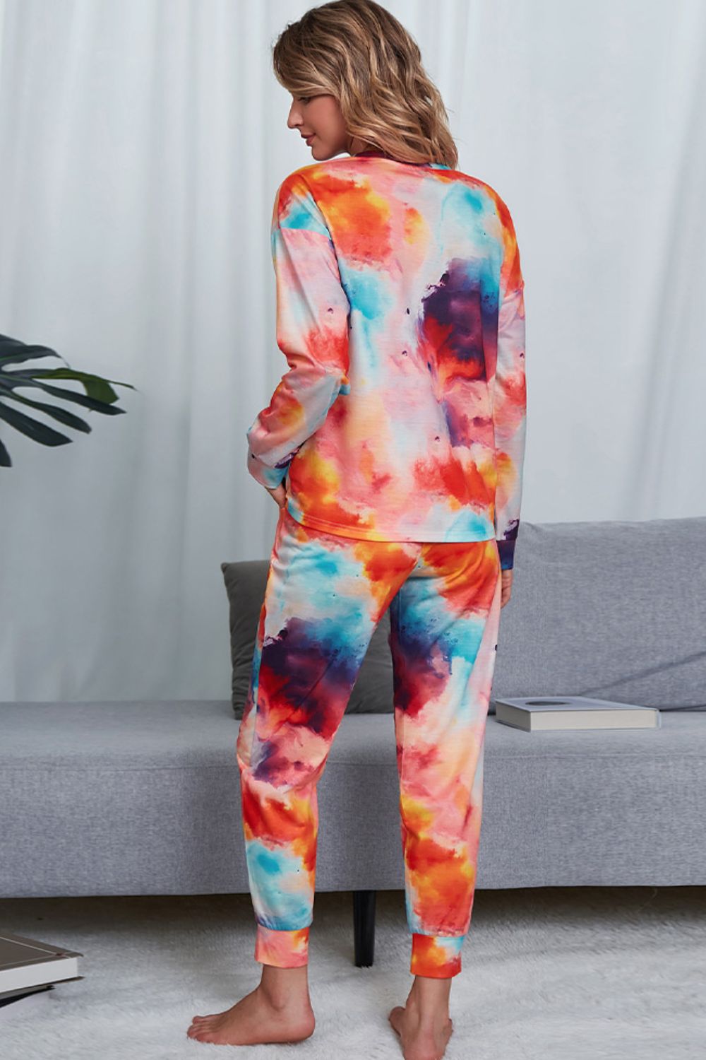 Tie-Dye Crewneck Top and Drawstring Waist Joggers Lounge Set - Ryzela