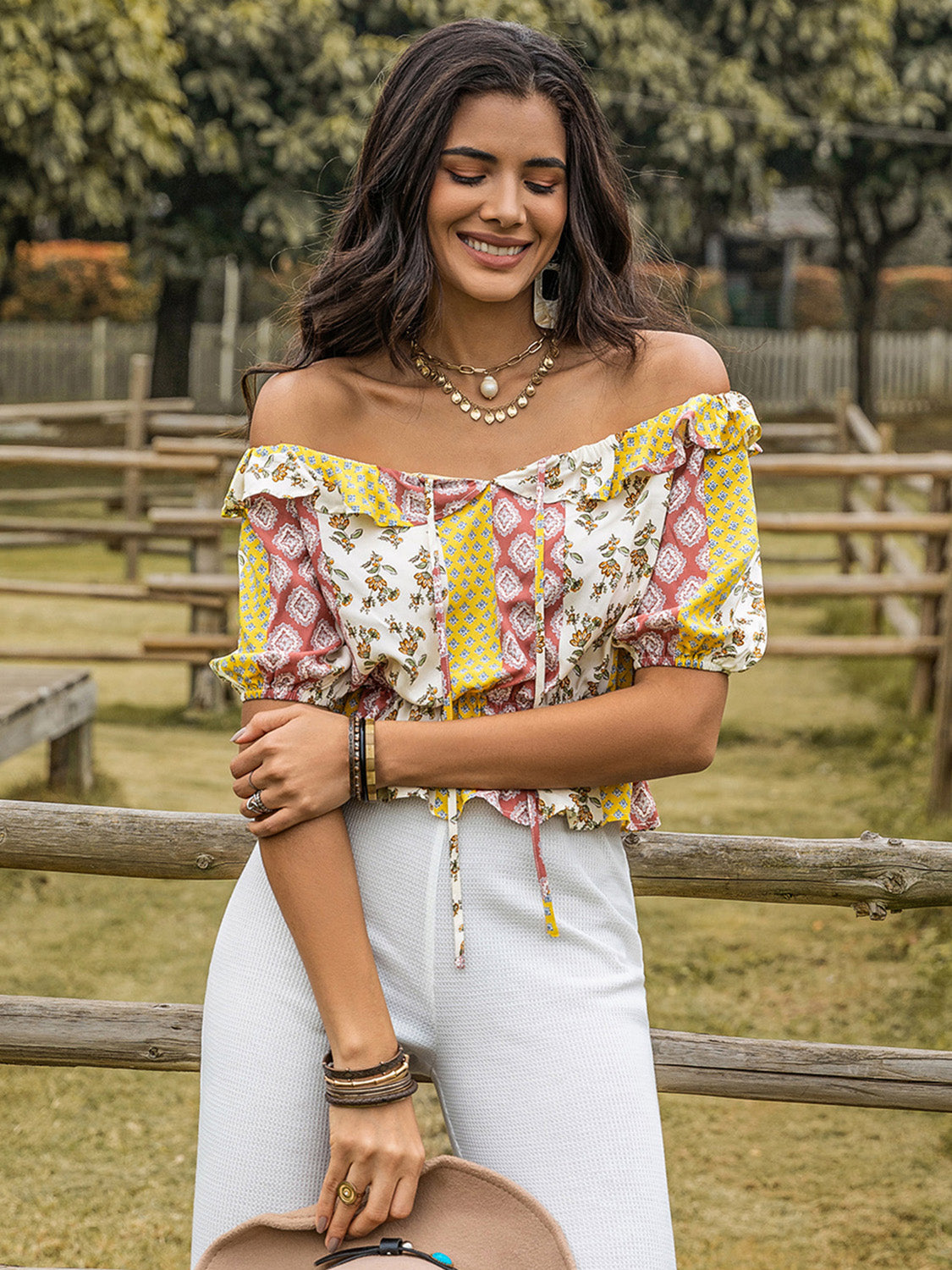 Ruffled Printed Off-Shoulder Short Sleeve Blouse - Ryzela