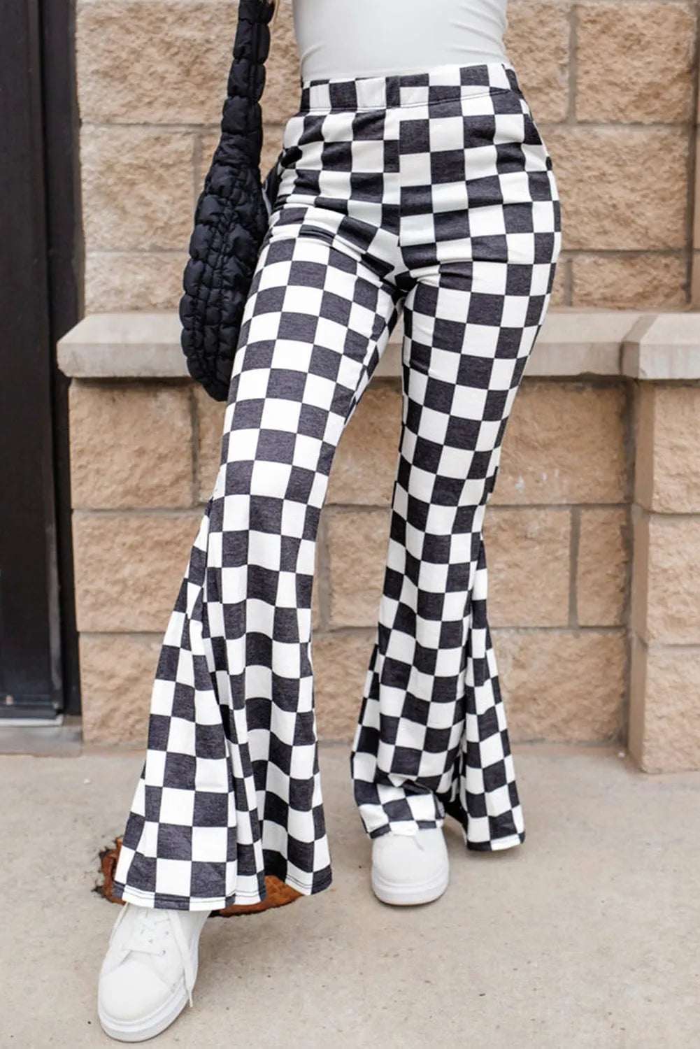 Checkered Flare Pants with Pockets - Ryzela