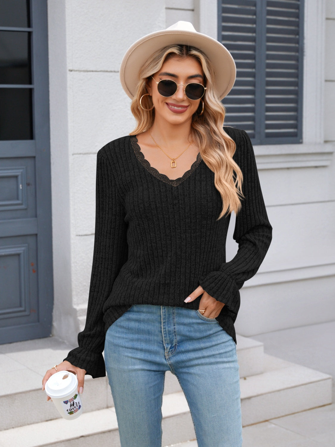 Lace Detail V-Neck Long Sleeve T-Shirt - Ryzela