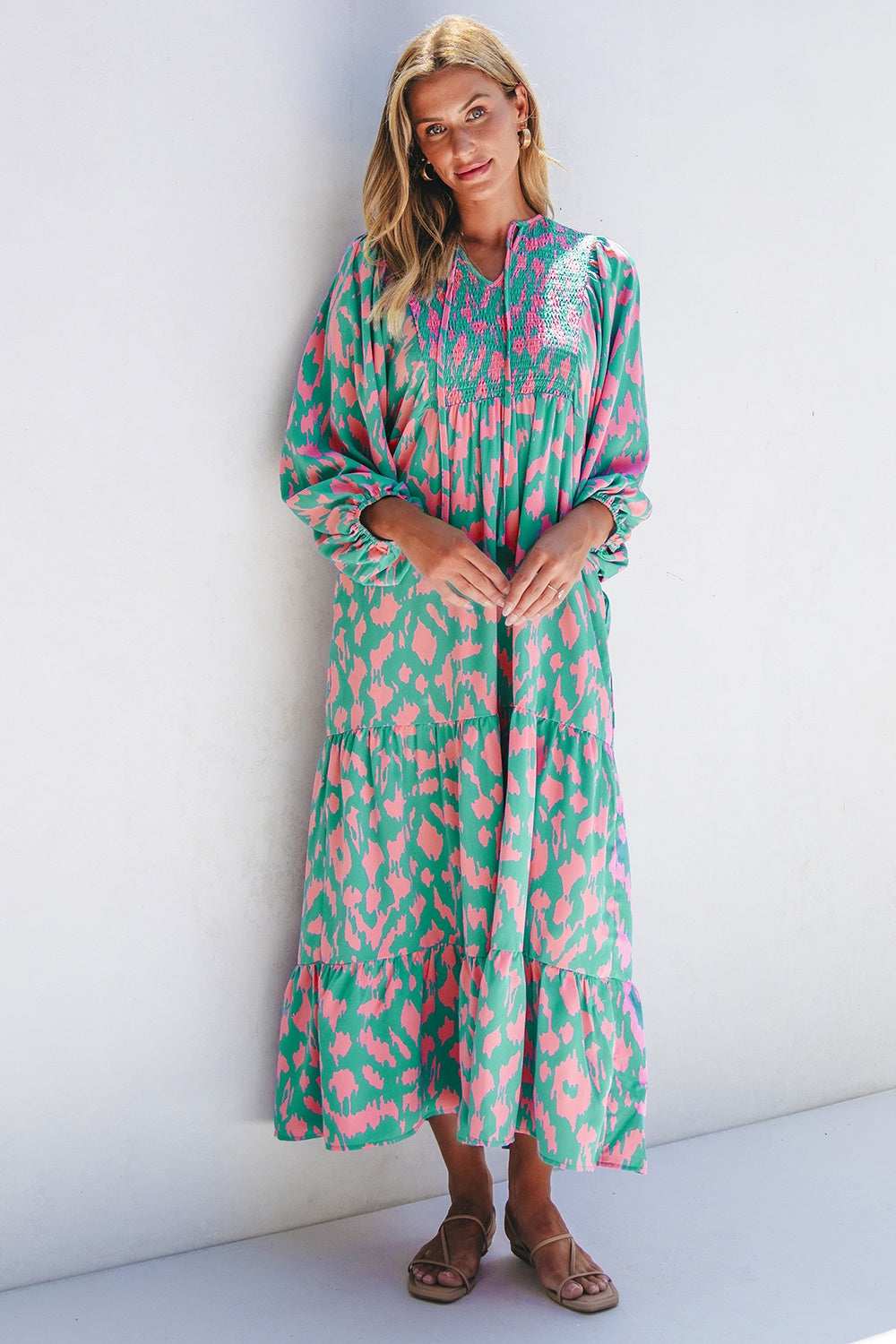 Smocked Printed Tie Neck Long Sleeve Dress - Ryzela