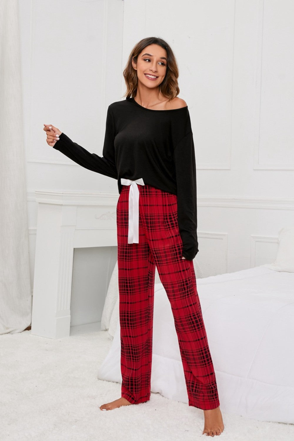 Round Neck Long Sleeve Top and Bow Plaid Pants Lounge Set - Ryzela