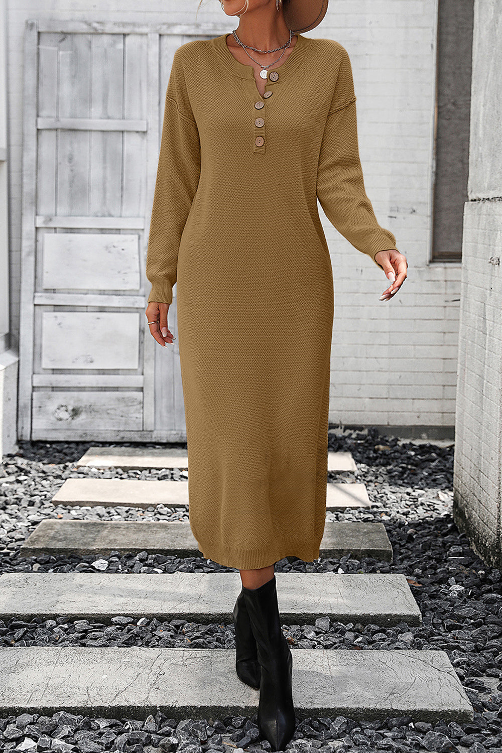 Decorative Button Notched Dropped Shoulder Sweater Dress - Ryzela